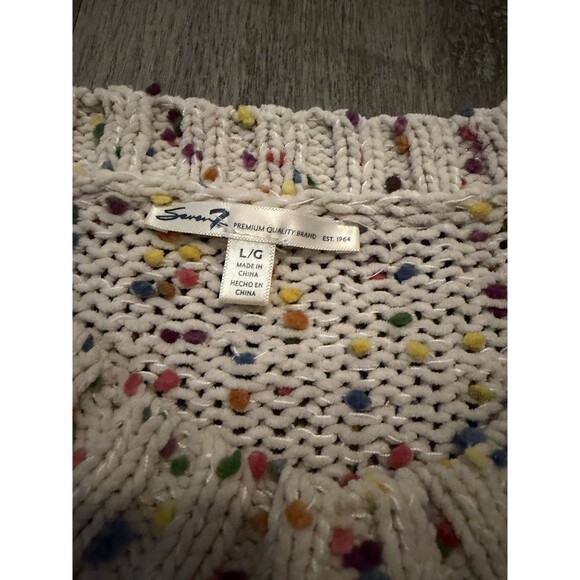 Seven 7 Rainbow Chunky Knit Sweater Women’s Large Popcorn White Pom Pom Cream - Picture 2 of 6